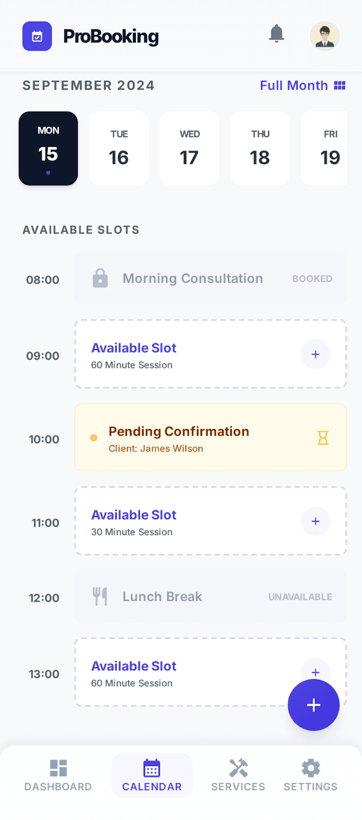Preview da agenda tática do ProBooking